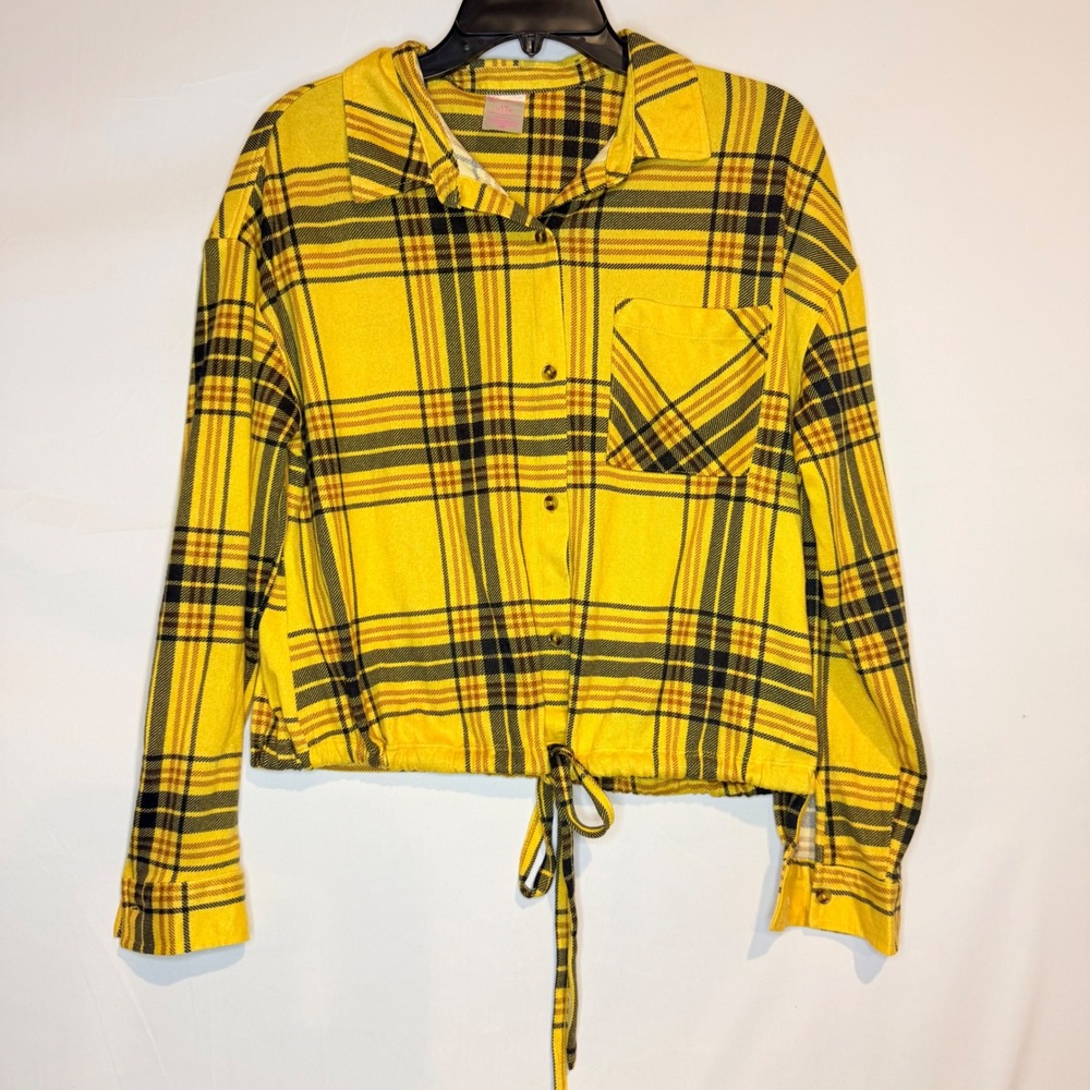 No Boundaries Yellow Plaid Cropped Drawstring Button Up Shirt Large 11-13 S21